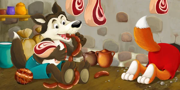 キツネとオオカミの地下から食べ物を盗んでの漫画シーン — ストック写真