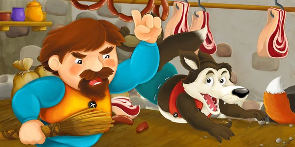 Scène de dessin animé d'un homme qui a attrapé le renard et le loup volant la nourriture du garde-manger — Photo