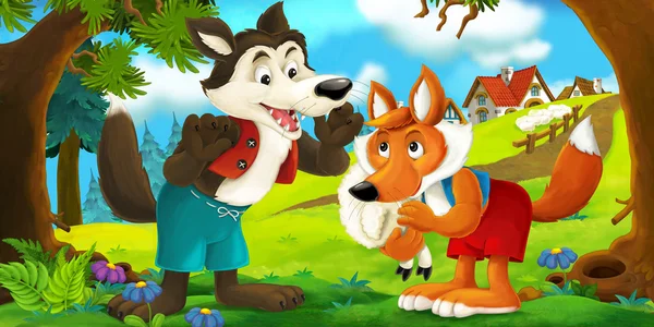 Cartoon scen av en varg och en räv prata med varandra efter att ha stulit fåren från byn — Stockfoto