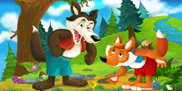 Cena dos desenhos animados de um lobo falando com a raposa na floresta — Fotografia de Stock