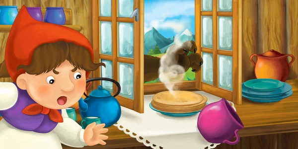 Escena de dibujos animados de una mujer en la cocina mirando como la pata de animal está tratando de robar el pastel — Foto de Stock