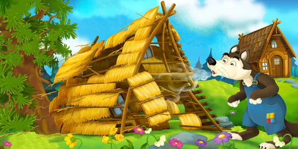 Cartoon scène van het huis wordt afgebroken - wolf puffend - illustratie voor kinderen — Stockfoto