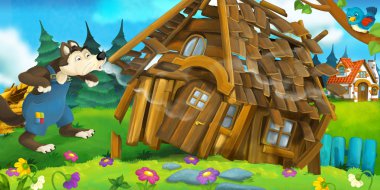 Ahşap ev yıkılmış çizgi film sahne