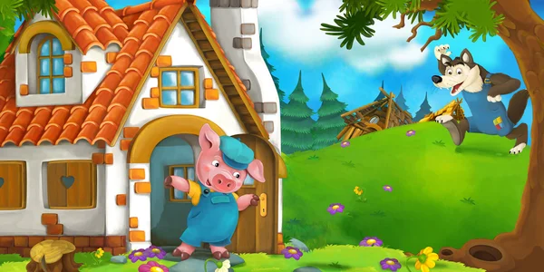 Zeichentrickszene eines Schweins in der Nähe des Hauses und eines Wolfes, der zu ihm rennt — Stockfoto