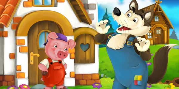 Zeichentrickszene eines Schweins in der Nähe des Hauses, das mit Wolf spricht — Stockfoto