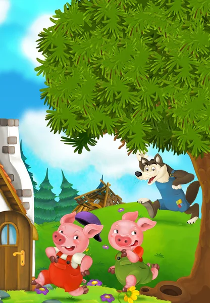 Escena de dibujos animados de dos cerdos corriendo a la casa de su hermano — Foto de Stock