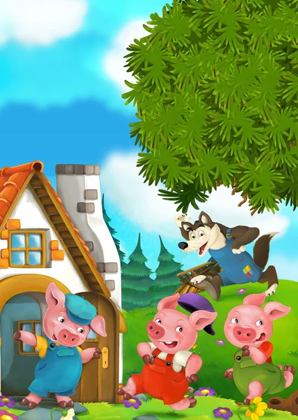 Scena del cartone animato di due maiali in esecuzione a casa del loro fratello — Foto Stock