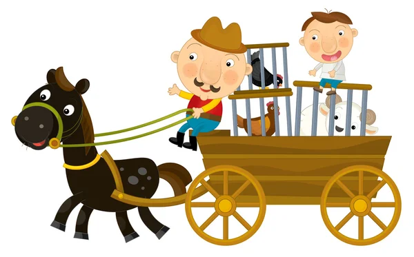 Cartoon scène van vader en zoon paardrijden houten wagon met kippen in kooien - geïsoleerd — Stockfoto