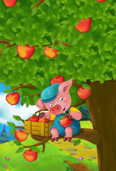 사과 나무에 돼지의 만화 장면 — 스톡 사진