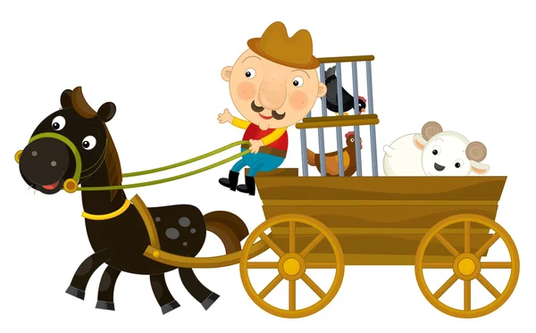 Cartoon scène voor boer paardrijden houten wagon met kippen in kooien - geïsoleerd — Stockfoto