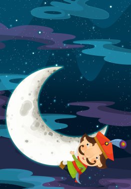 Çizgi film sahne - ay üzerinde oturan ve Dünya'dan uzaklığı izlerken asilzade olduğunu