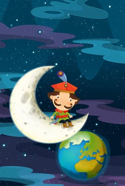 Cartoon scene - nobleman is sitting on the moon and watching earth from distance — Stock Photo, Image