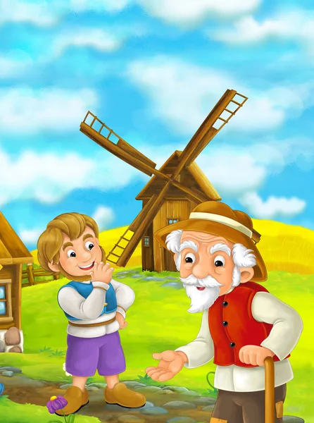 Schön gefärbte Szene mit Zeichentrickfigur - alter Mann steht und redet oder grüßt jemanden oder Sohn - Windmühle im Hintergrund — Stockfoto