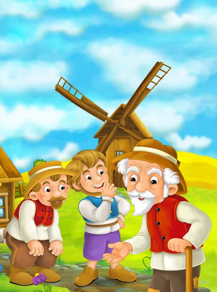 Schön gefärbte Szene mit Zeichentrickfigur - alter Mann steht und redet oder grüßt jemanden - Windmühle im Hintergrund — Stockfoto