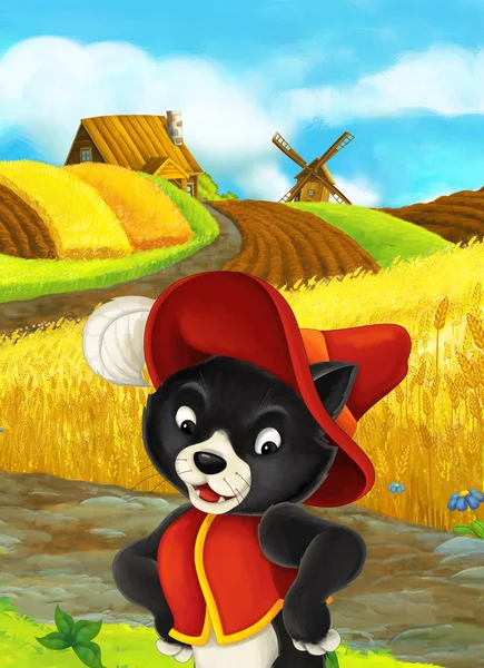 Красиво окрашенная сцена с персонажем мультфильма - кот-путешественник стоит и смотрит на зрителей - кукурузное поле на заднем плане — стоковое фото