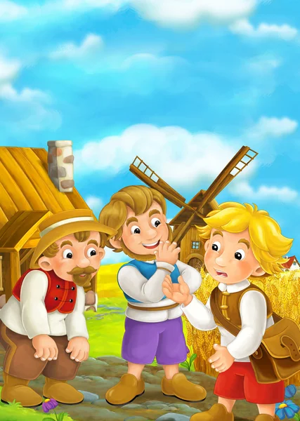 Schön gefärbte Szene mit Zeichentrickfigur - Menschen - Brüder - stehend und redend oder grüßend - Windmühle im Hintergrund — Stockfoto