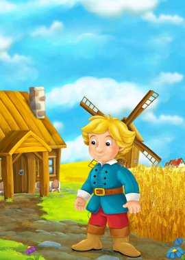 Çizgi film karakteri - duran ve üzerinde ahşap evi izliyor genç adam - yel değirmeni içinde belgili tanımlık geçmiş ile güzel renkli sahne