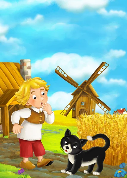 Beautifully colored scene with cartoon character - man standing and talking to cat - windmill in the background — Stock Photo, Image