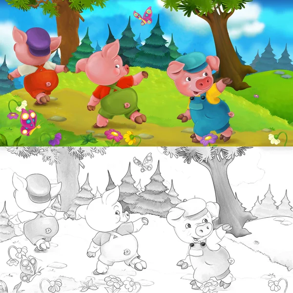 Dessin animé scène trois cochon frère aller sur une colline avec coloriage illustration pour les enfants — Photo