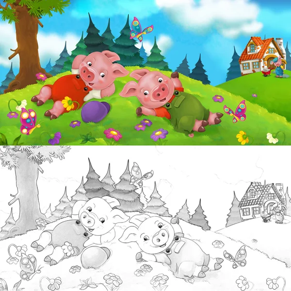 Cena de desenhos animados de porcos descansando na colina - um está trabalhando - com página de coloração — Fotografia de Stock