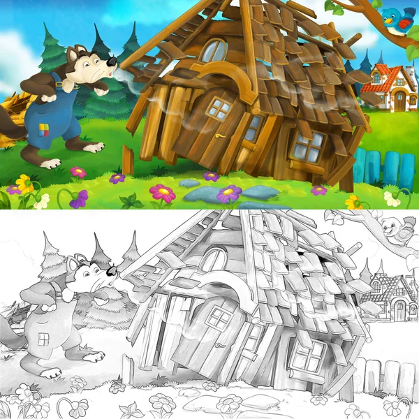 Cena de desenhos animados de casa de madeira sendo demolida - ilustração para crianças — Fotografia de Stock