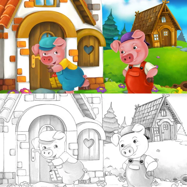 Карикатура на двух счастливых свиней, танцующих перед их домами - с раскраской - иллюстрация для детей — стоковое фото