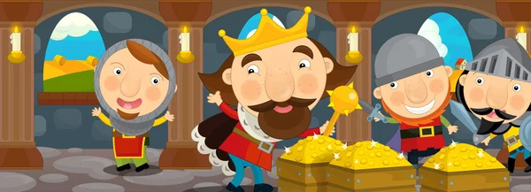 Rei e seus cavaleiros sendo felizes no salão do castelo — Fotografia de Stock