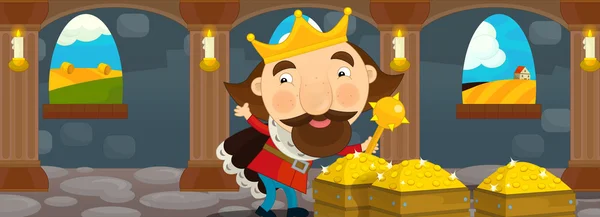 Cartoon scene of king in treasure room