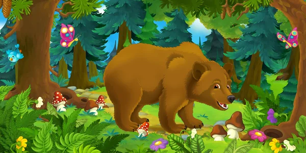 Cena de desenhos animados com alce feliz em pé na floresta - ilustração para crianças — Fotografia de Stock