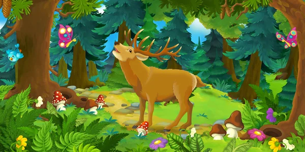 Stojący szczęśliwy dzikie jelenie w lesie — Zdjęcie stockowe