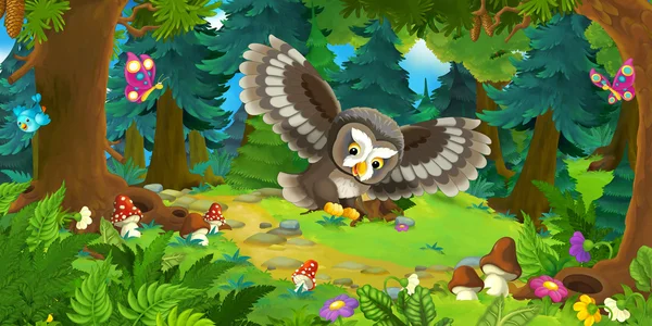 Мультфильм-сцена со счастливой летающей совой - в лесу - иллюстрация для детей — стоковое фото