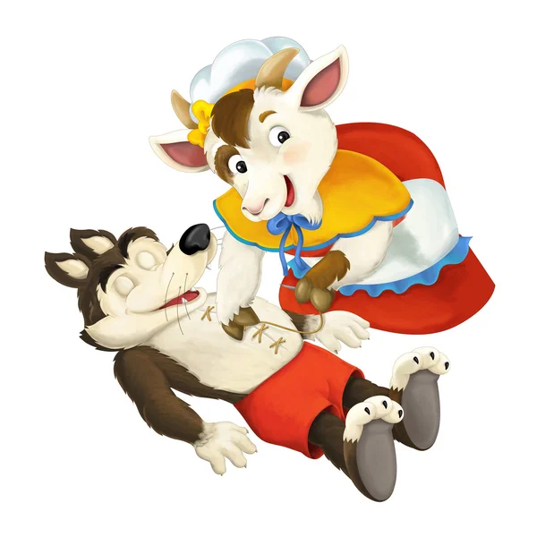 Cartoon fairy tale character for different usage - mother goat is sewing belly of a wolf while he is sleeping - illustration for children — Stock Photo, Image