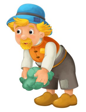 Güzel renkli karikatür karakter - büyük çiftçi daimi ve zemin ve seyir ileri - lahana veya marul yukarı kaldırma üzerinde - izole - illüstrasyon çocuklar için