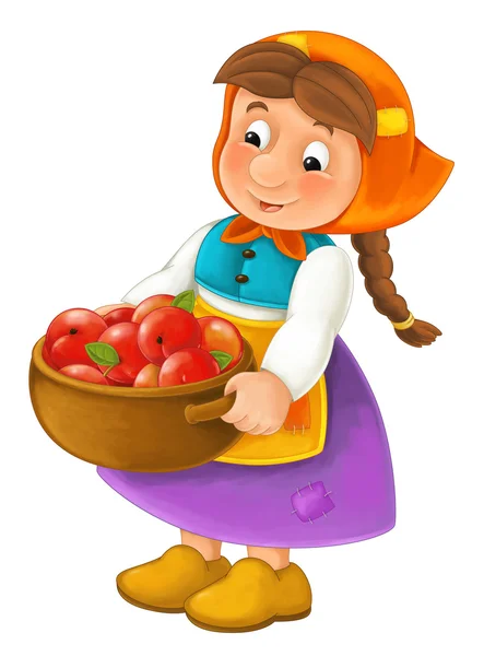 Dibujos animados carácter feliz de la mujer de la granja que sostiene la cesta llena de manzanas - ropa tradicional - aislado - ilustración para los niños —  Fotos de Stock