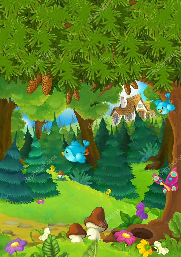 Cartoon background of a forest with nobody on stage Stock Photo by  ©agaes8080 116608926