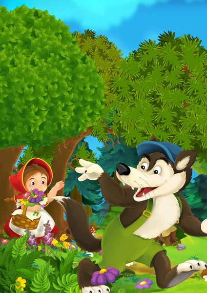 Cartoon bos scène - wolf wuivende meisje voor afscheid - goed voor verschillende sprookjes - illustratie voor de kinderen — Stockfoto
