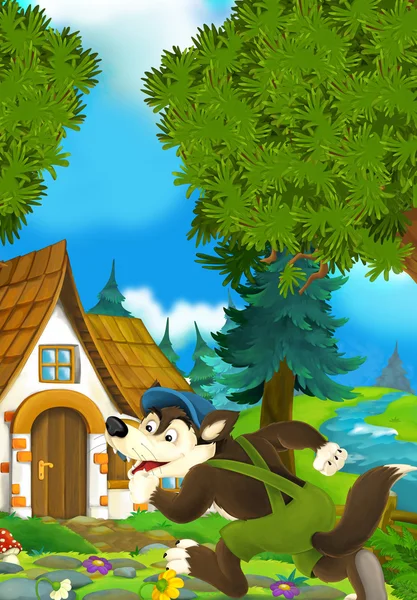 Cartoon scen av wolf kör in i gamla hus - illustration för barn — Stockfoto