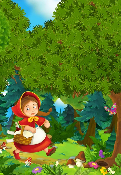 Scène de bande dessinée sur une fille heureuse dans une forêt colorée - illustration pour enfants — Photo