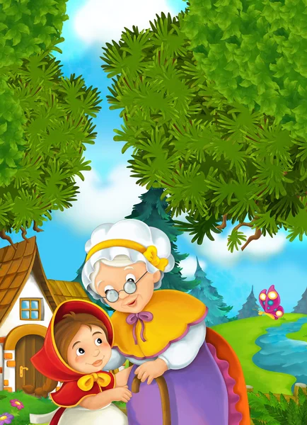 Scena dei cartoni animati - nipote e nonna - illustrazione per bambini — Foto Stock