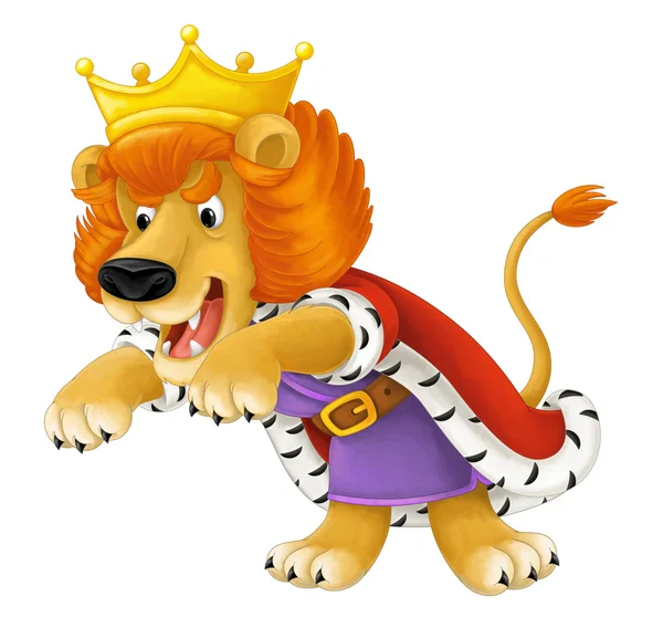 Escena de dibujos animados de león vestido como rey rugido aislado ilustración para niños —  Fotos de Stock