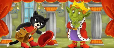 Karikatür kedi ziyaret trol king onun kale - illüstrasyon çocuklar için