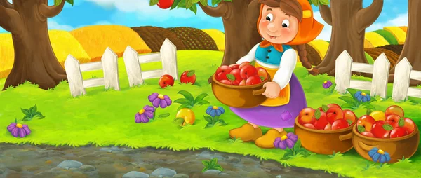 Cartoon scène met boerderij vrouw in tuin tijdens mooie dag - werken - verzamelen van appels - illustratie voor kinderen — Stockfoto