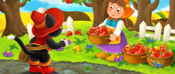Zeichentrickszene mit edlen Katzenreisenden, die bei schönem Tag eine Bäuerin im Garten besuchen - Illustration für Kinder — Stockfoto
