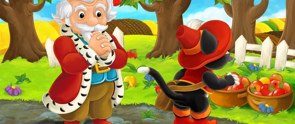 Escena de dibujos animados con el rey y el gato viajero visitando el jardín de manzanas durante el hermoso día - ilustración para niños — Foto de Stock