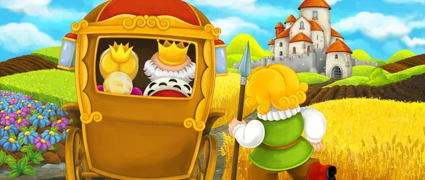 Kreskówka scena rycerza podróży w pobliżu royal przewozu do pięknego zamku - ilustracja dla dzieci — Zdjęcie stockowe