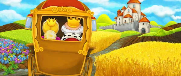 Γελοιογραφία σκηνή ένα βασιλικό μεταφοράς που ταξιδεύουν σε ένα όμορφο κάστρο - εικονογράφησης για παιδιά — Φωτογραφία Αρχείου