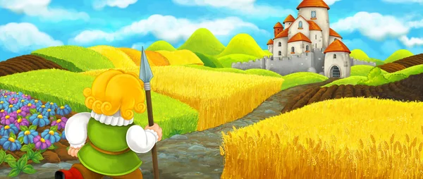 Мультфильм о рыцаре, путешествующем по красивому замку - иллюстрация для детей — стоковое фото