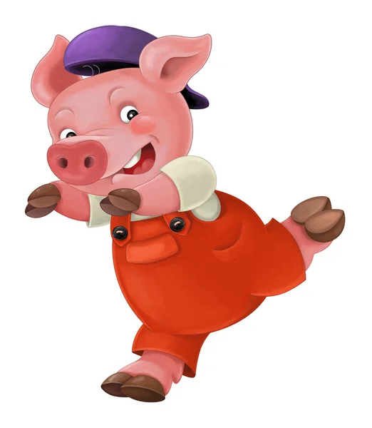 pig in work outfit - running away