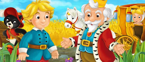 Мультфильм-сцена с королевской парой, проезжающей через пастухов, встречающих принца и кошку - иллюстрация для детей — стоковое фото