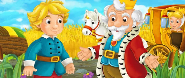 Мультфильм-сцена с королевской парой, проезжающей через пастухов - король разговаривает с принцем - иллюстрация для детей — стоковое фото